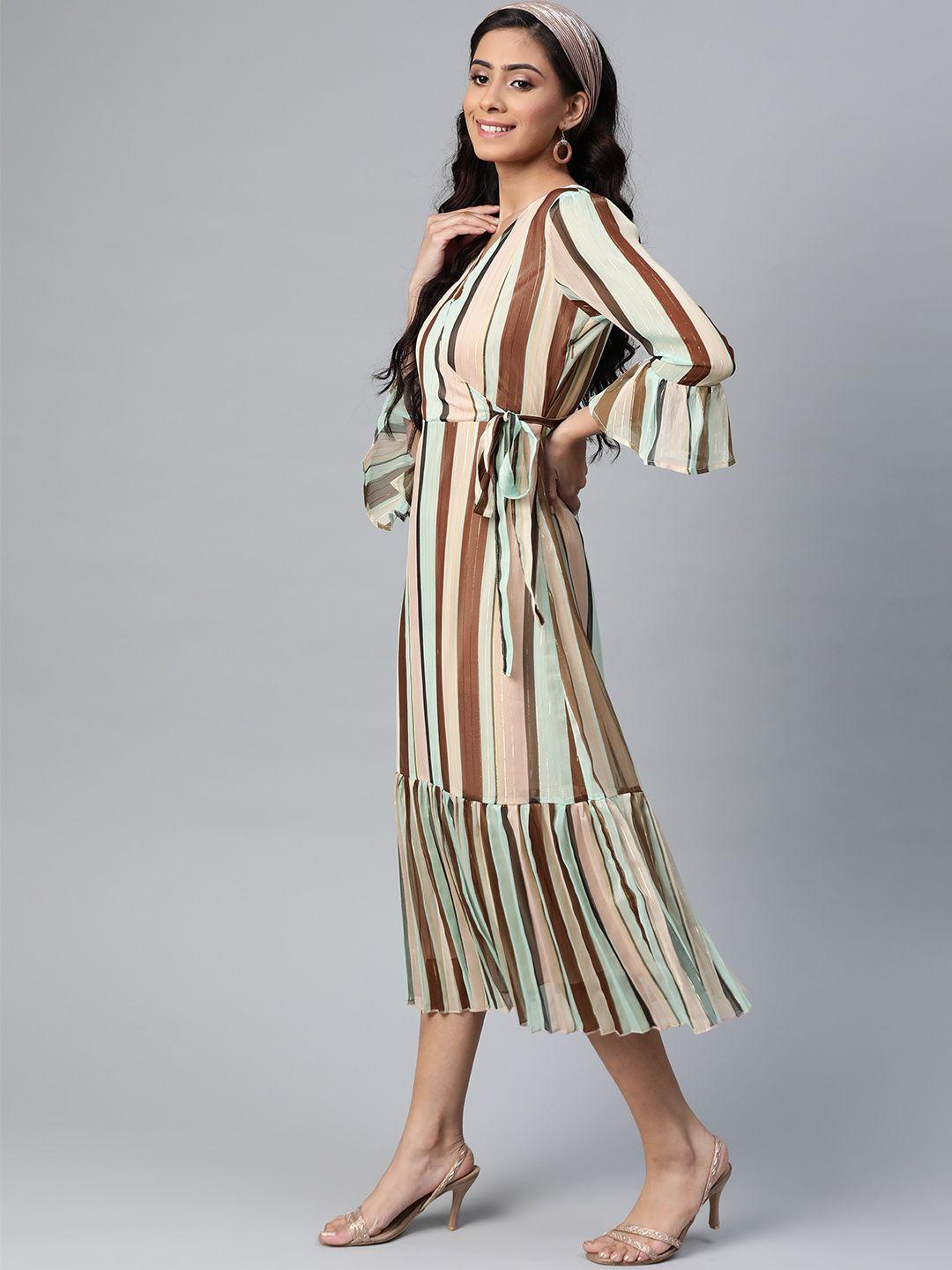 sassafras peach-coloured & brown striped wrap dress