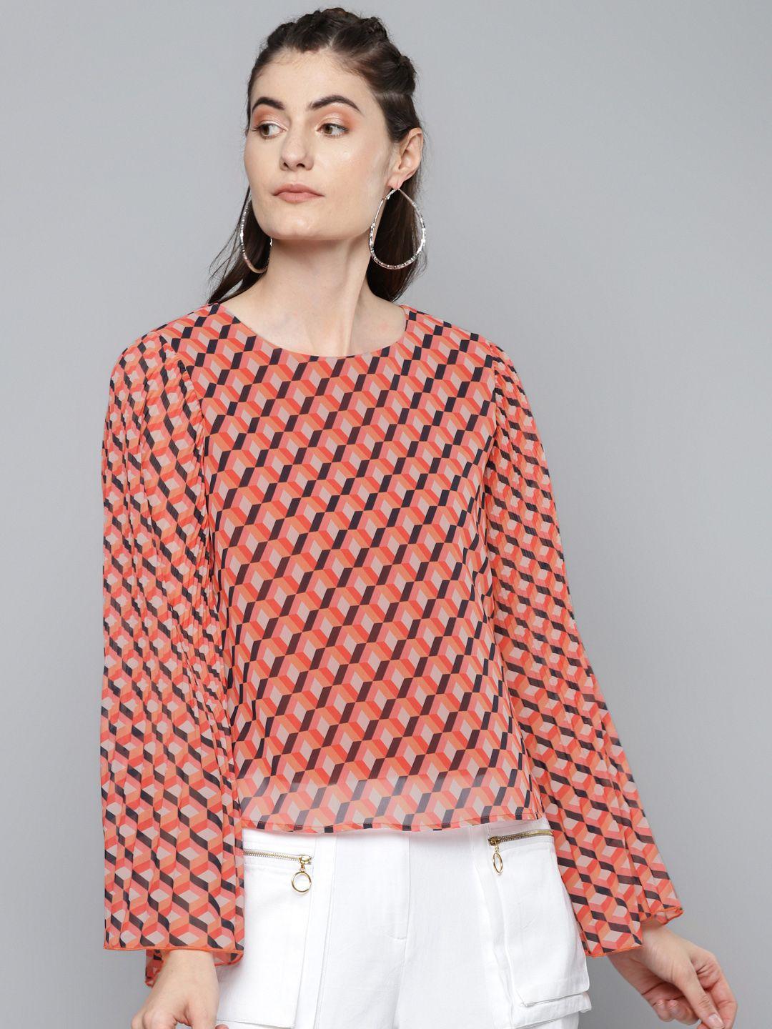 sassafras peach-coloured & red geometric printed flared sleeves regular top