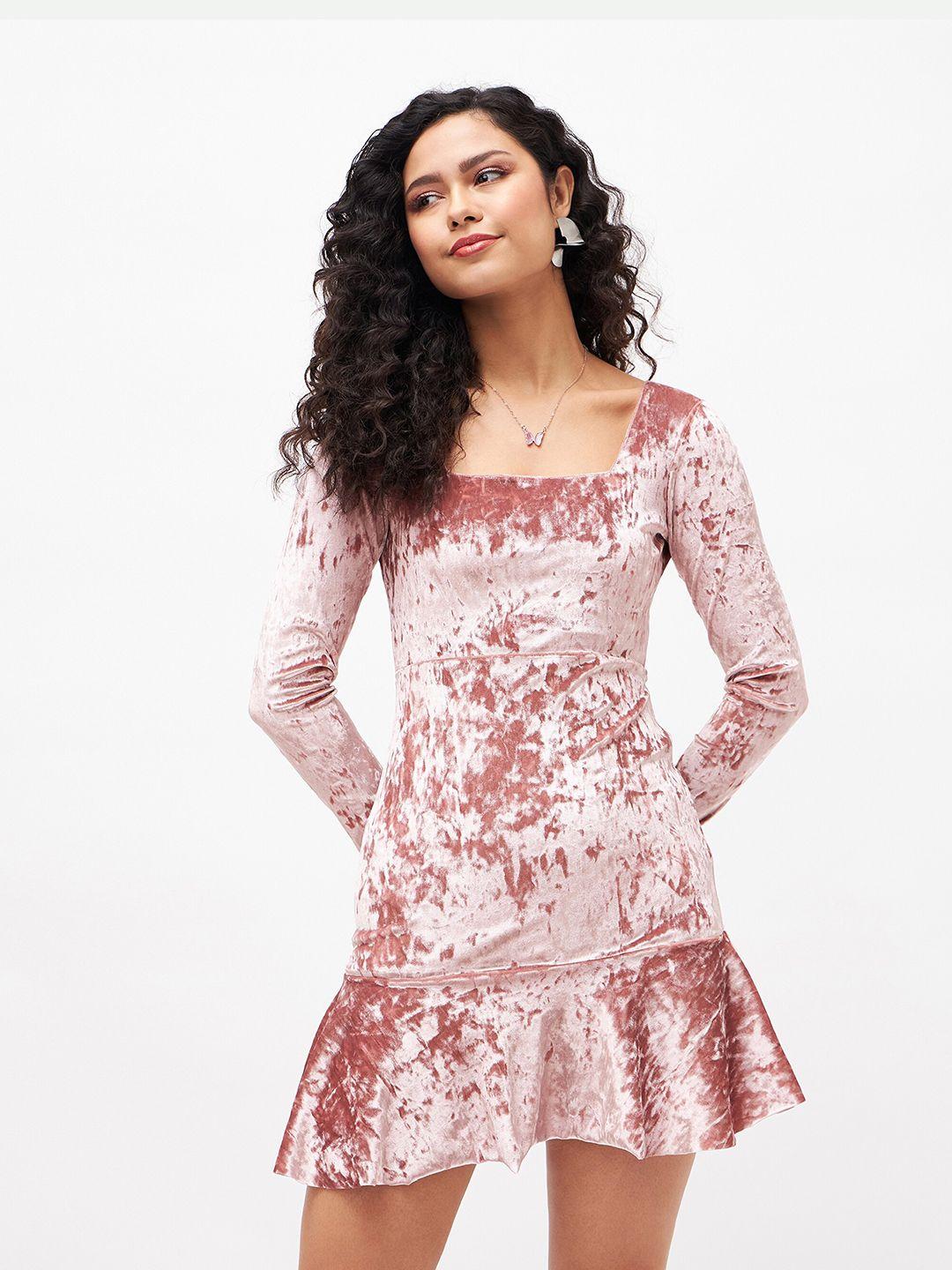 sassafras peach-coloured floral print velvet fit & flare dress