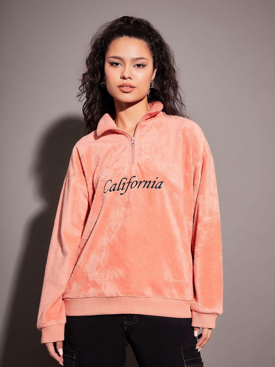 sassafras peach-coloured typography embroidered mock collar sweatshirt