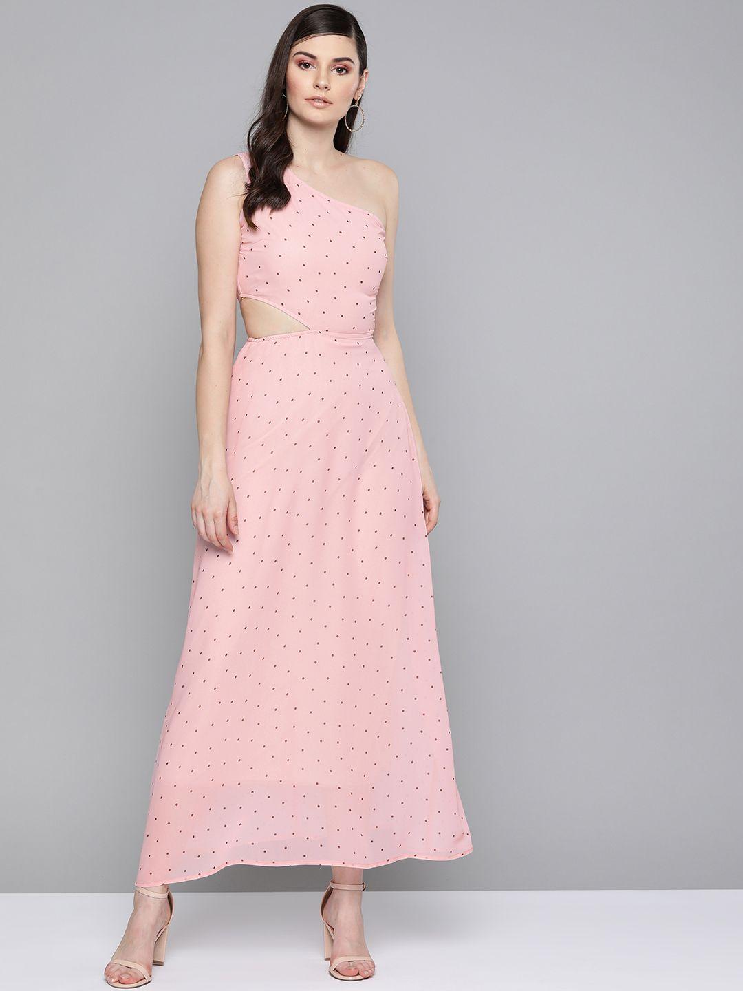 sassafras pink & brown polka dot one-shoulder maxi dress