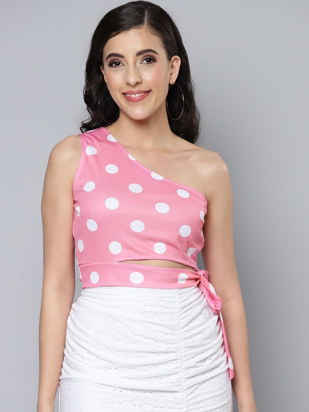 sassafras pink & white polka dots print one shoulder crop top