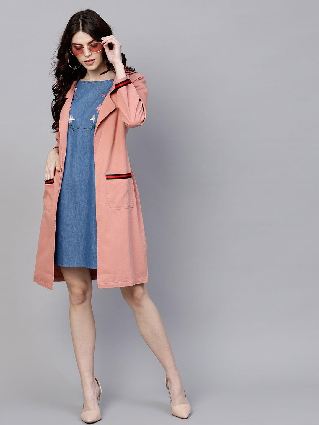 sassafras pink denim solid longline open front shrug