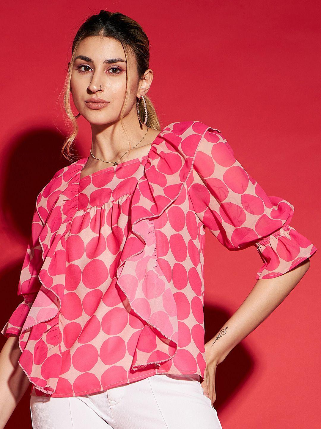 sassafras pink geometric printed ruffles detailed regular top