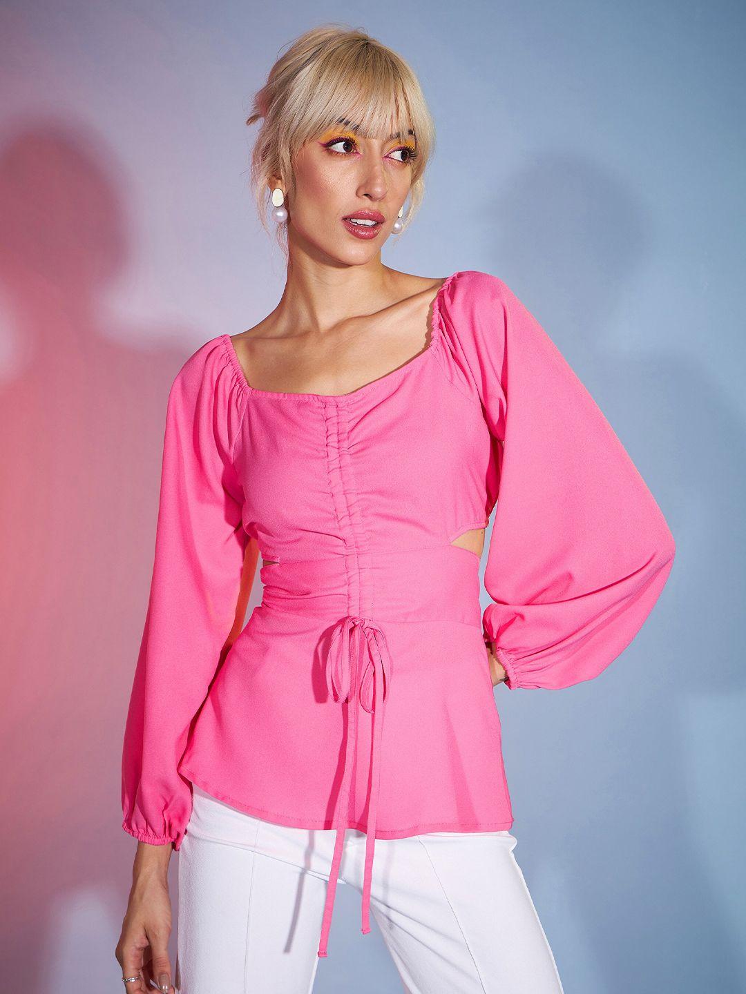 sassafras pink ruched puff sleeves styled back top