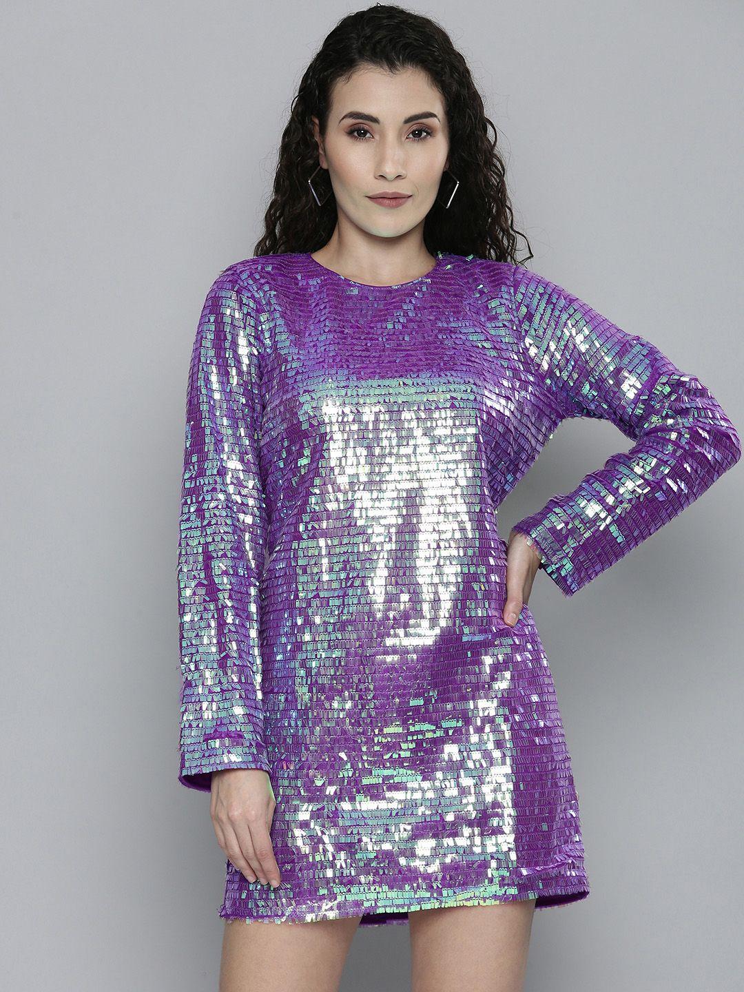 sassafras purple embellished sequin georgette sheath dress