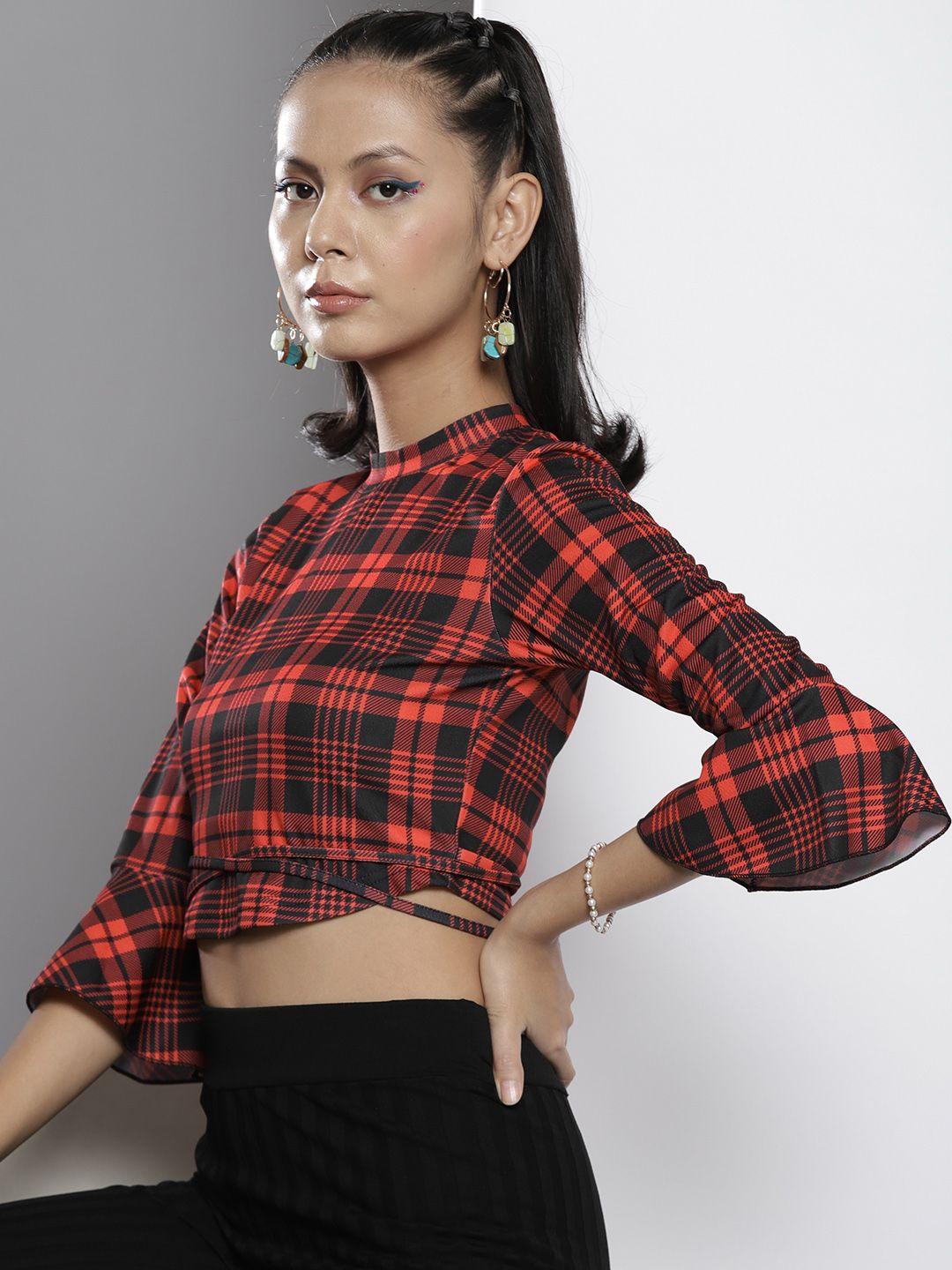 sassafras red & black checked knit high neck tie-waist crop top