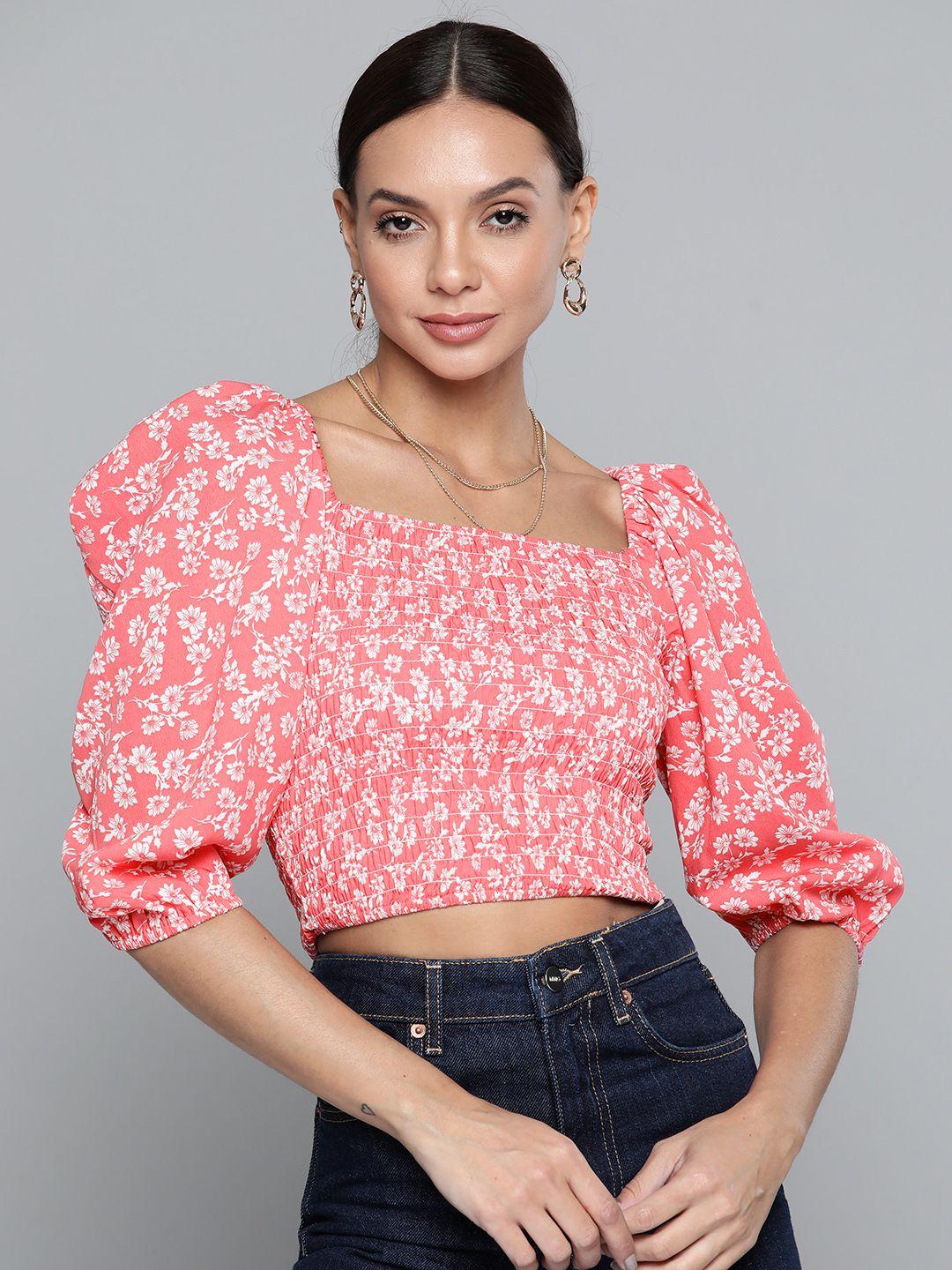 sassafras red & white floral print smocked crepe crop top