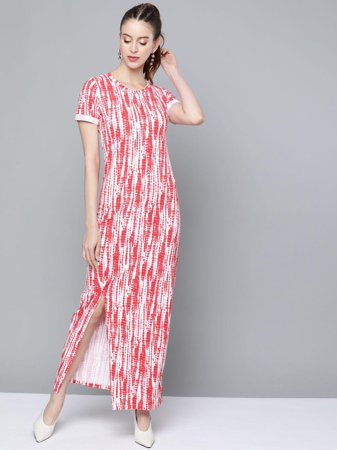 sassafras red & white tie & dye criss-cross back front slit maxi dress