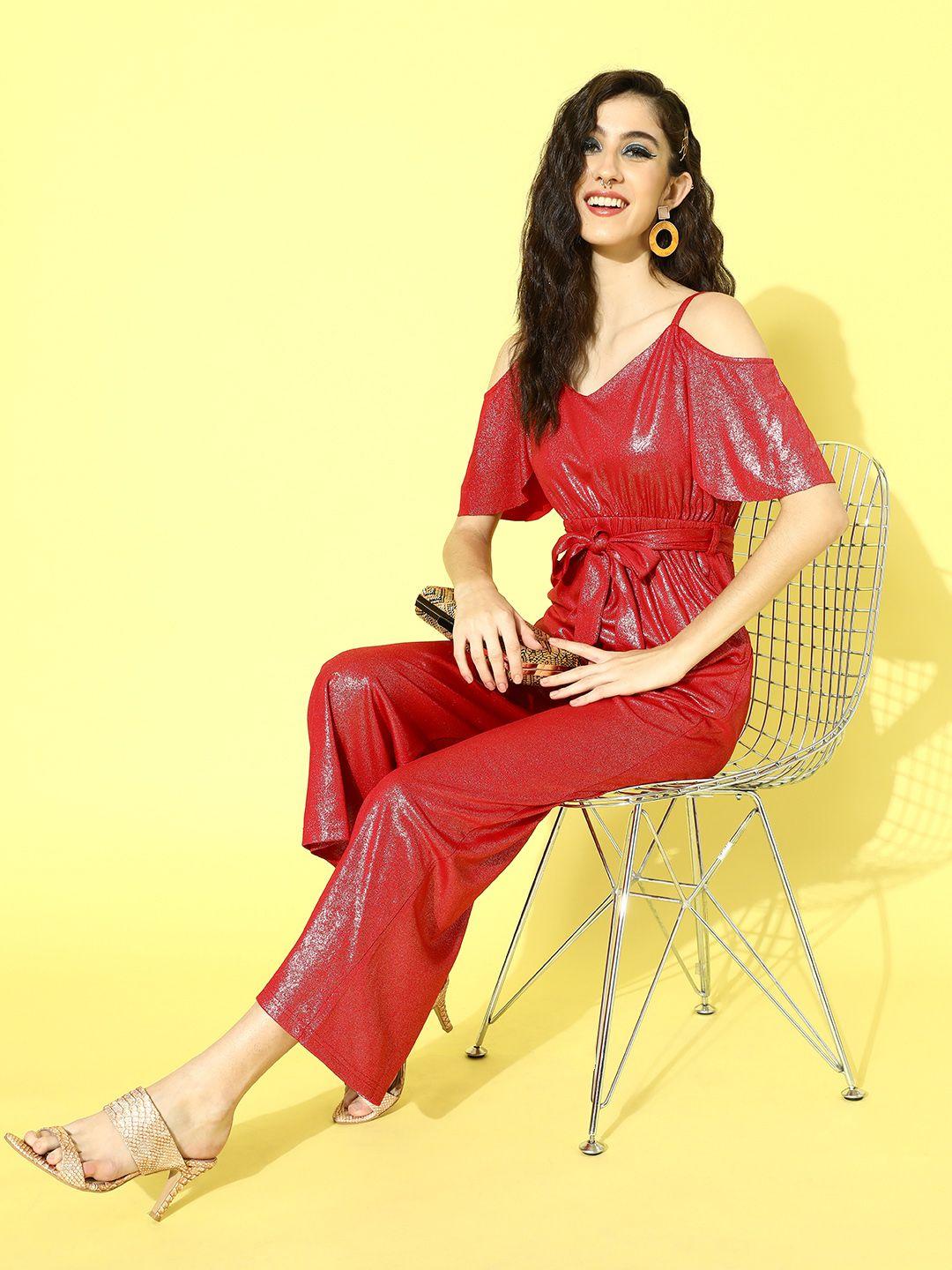 sassafras red cold shoulder sleeves basic jumpsuit