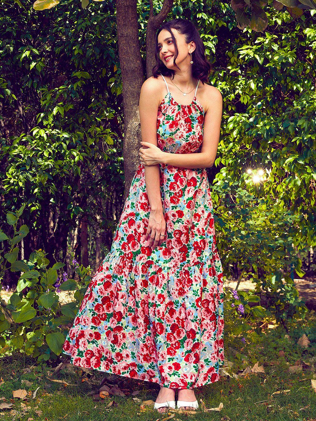sassafras red floral printed tiered fit & flare dress