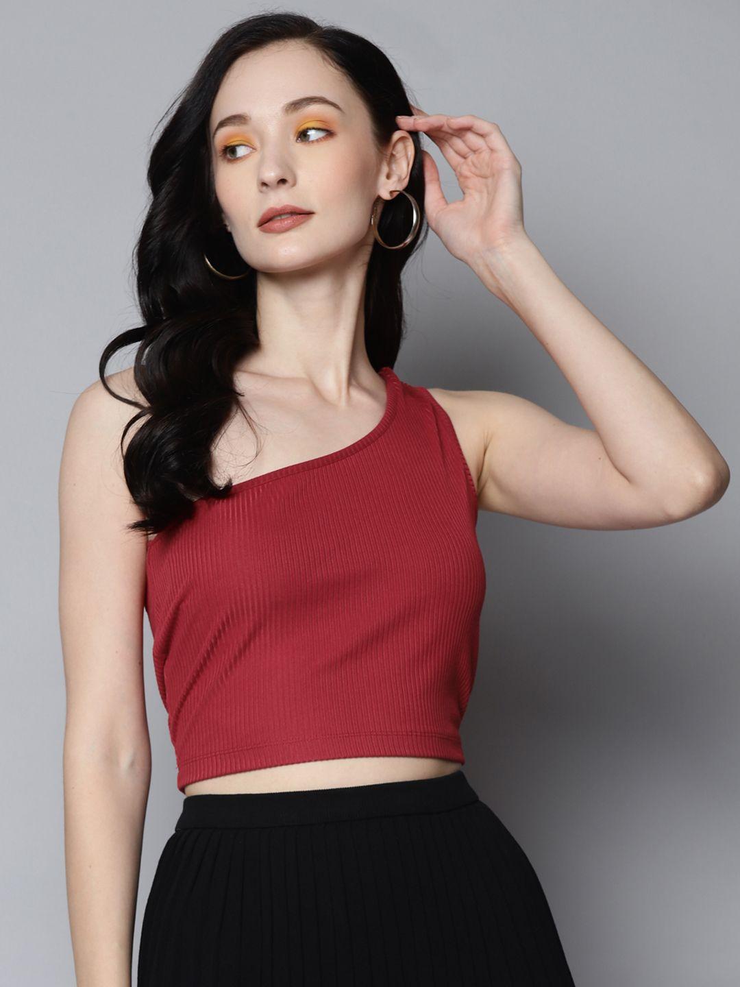 sassafras red one shoulder crop top