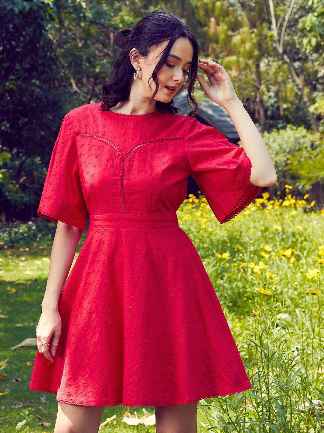 sassafras red self design pure cotton schiffli fit & flare mini dress