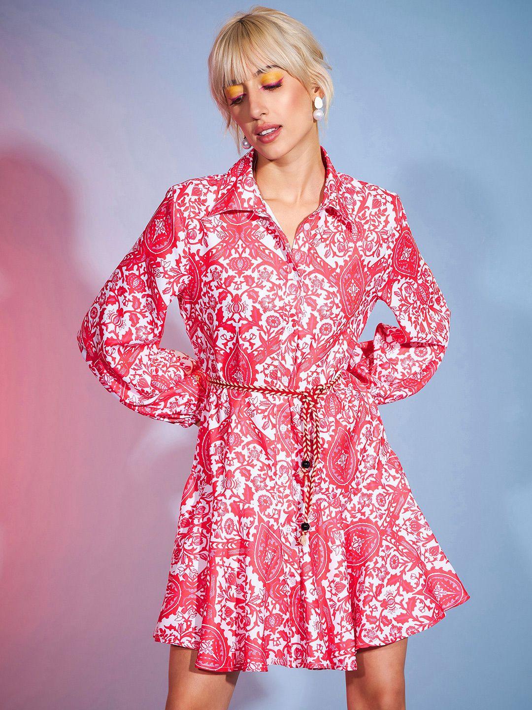 sassafras red shirt collar ethnic motifs printed shirt dress with belt