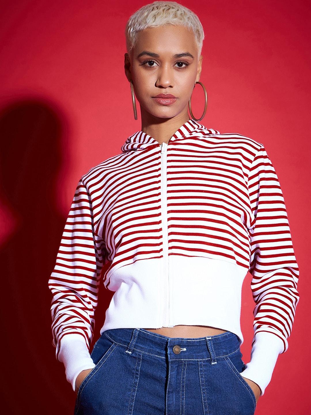 sassafras red striped hooded long sleeves fleece front-open sweatshirt