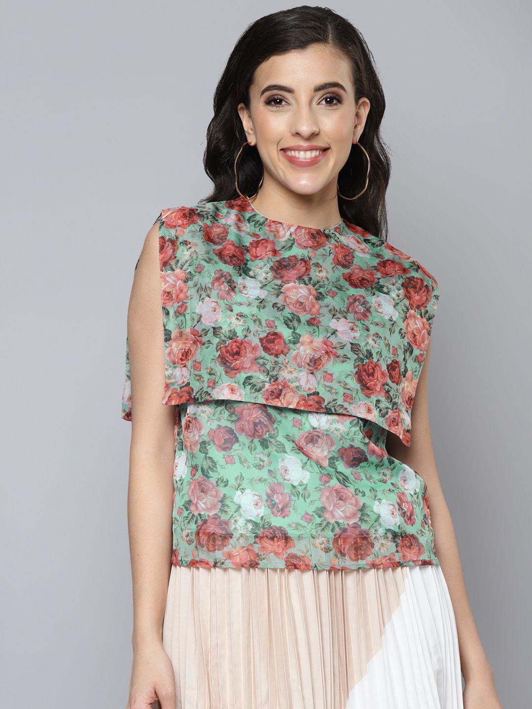 sassafras sea green & maroon floral print layered top