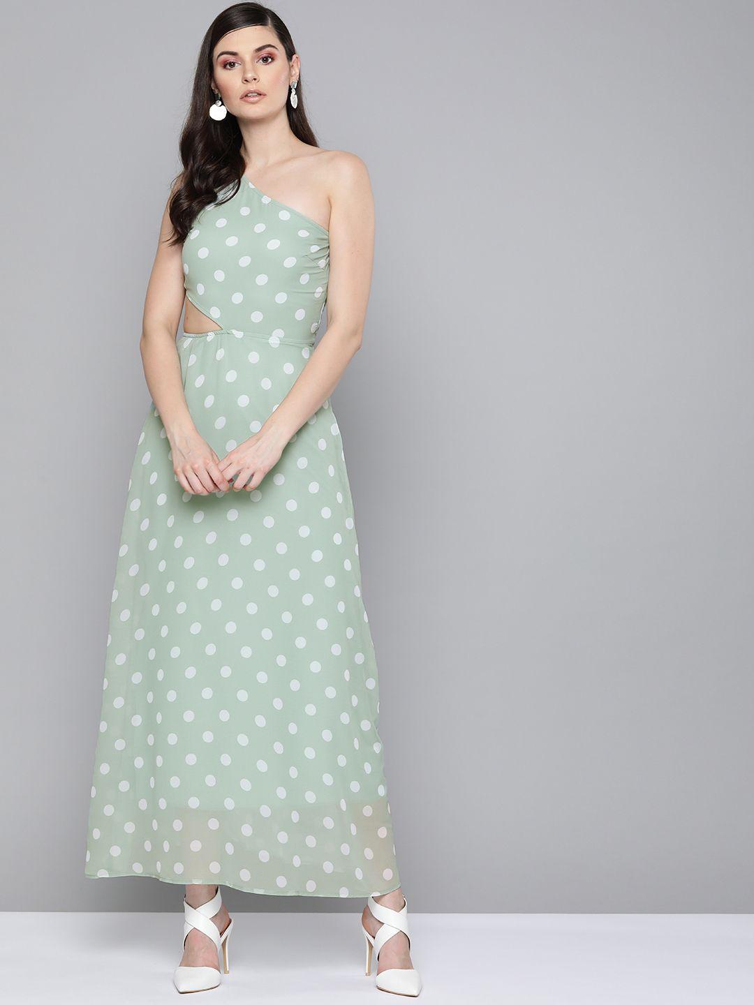 sassafras sea green & off-white polka dot one-shoulder maxi dress