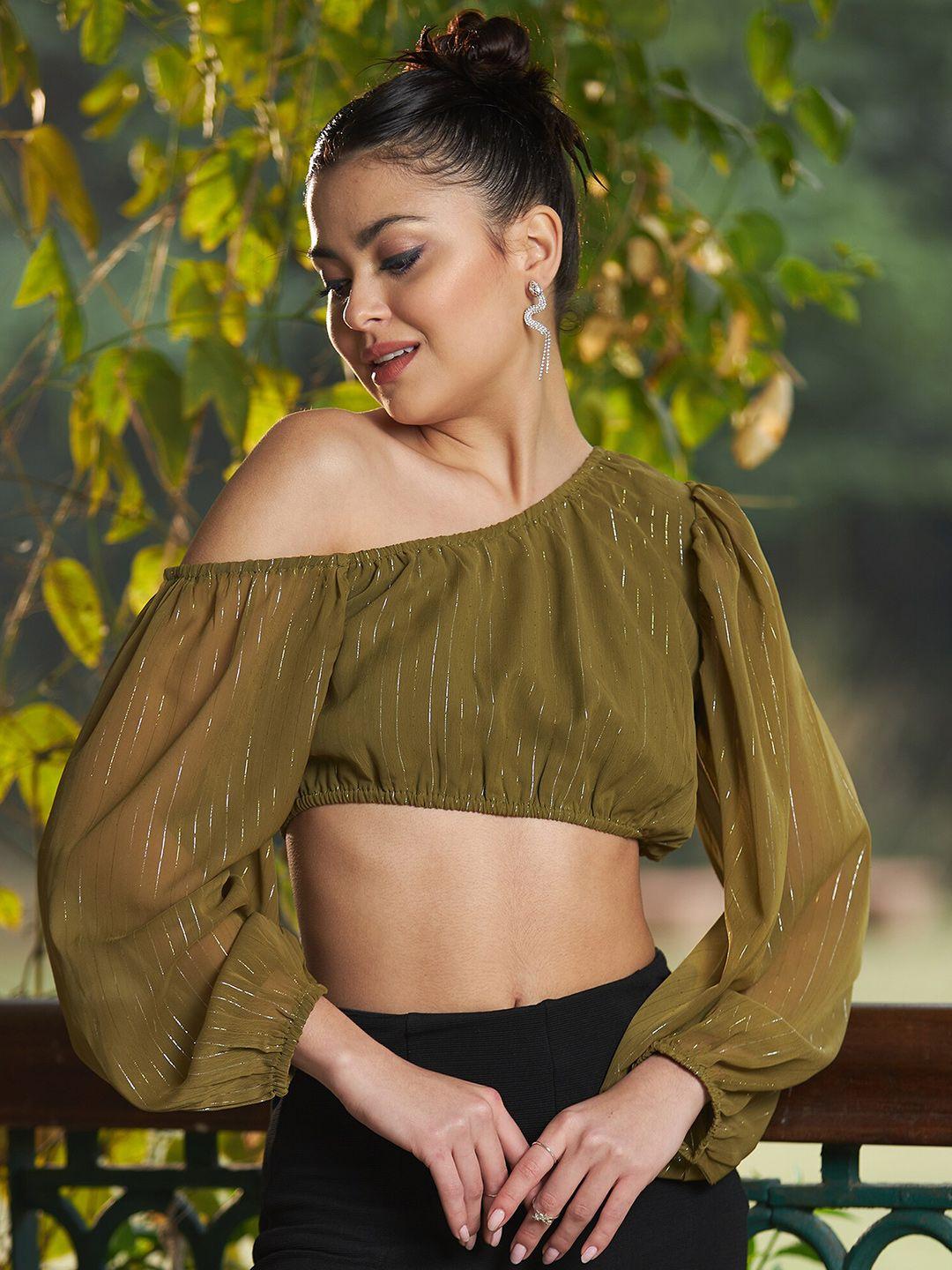 sassafras striped one shoulder chiffon crop top