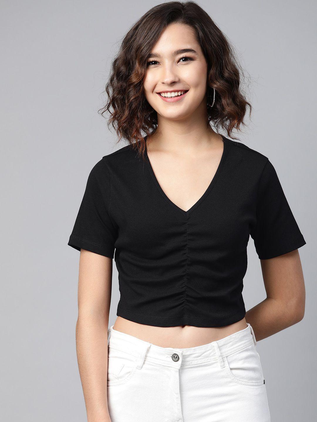 sassafras stunning black solid ruched crop top