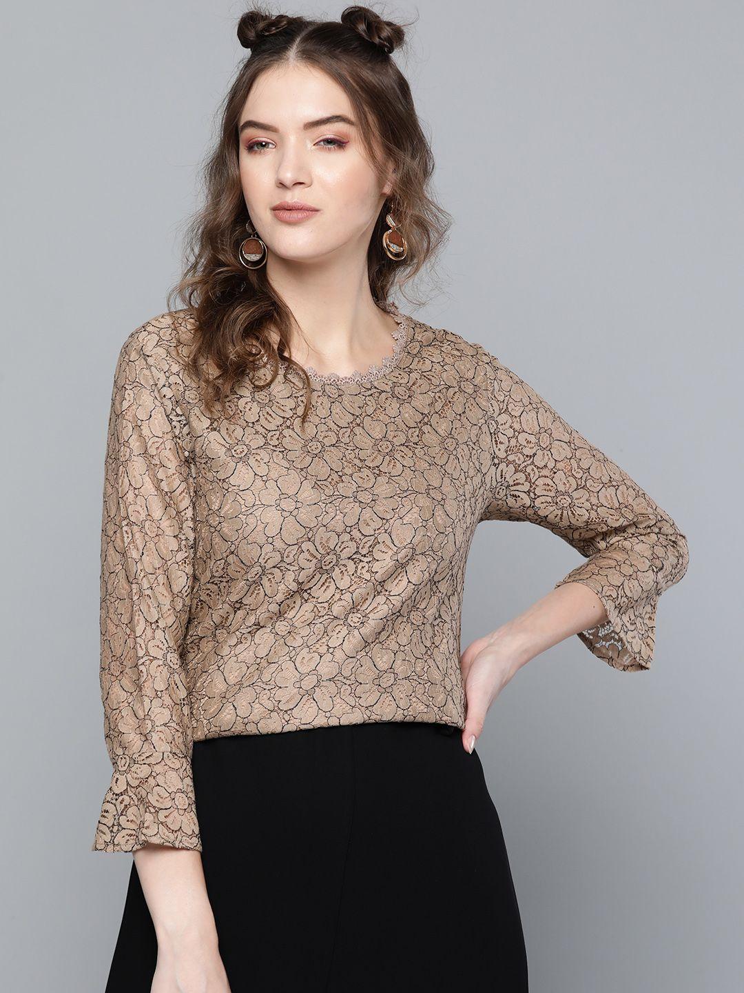 sassafras taupe & black floral printed bell sleeve lace top