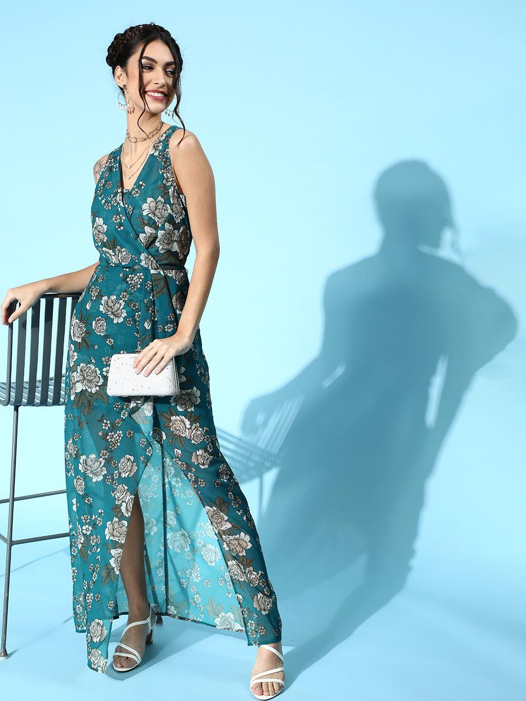 sassafras teal & white floral georgette maxi dress