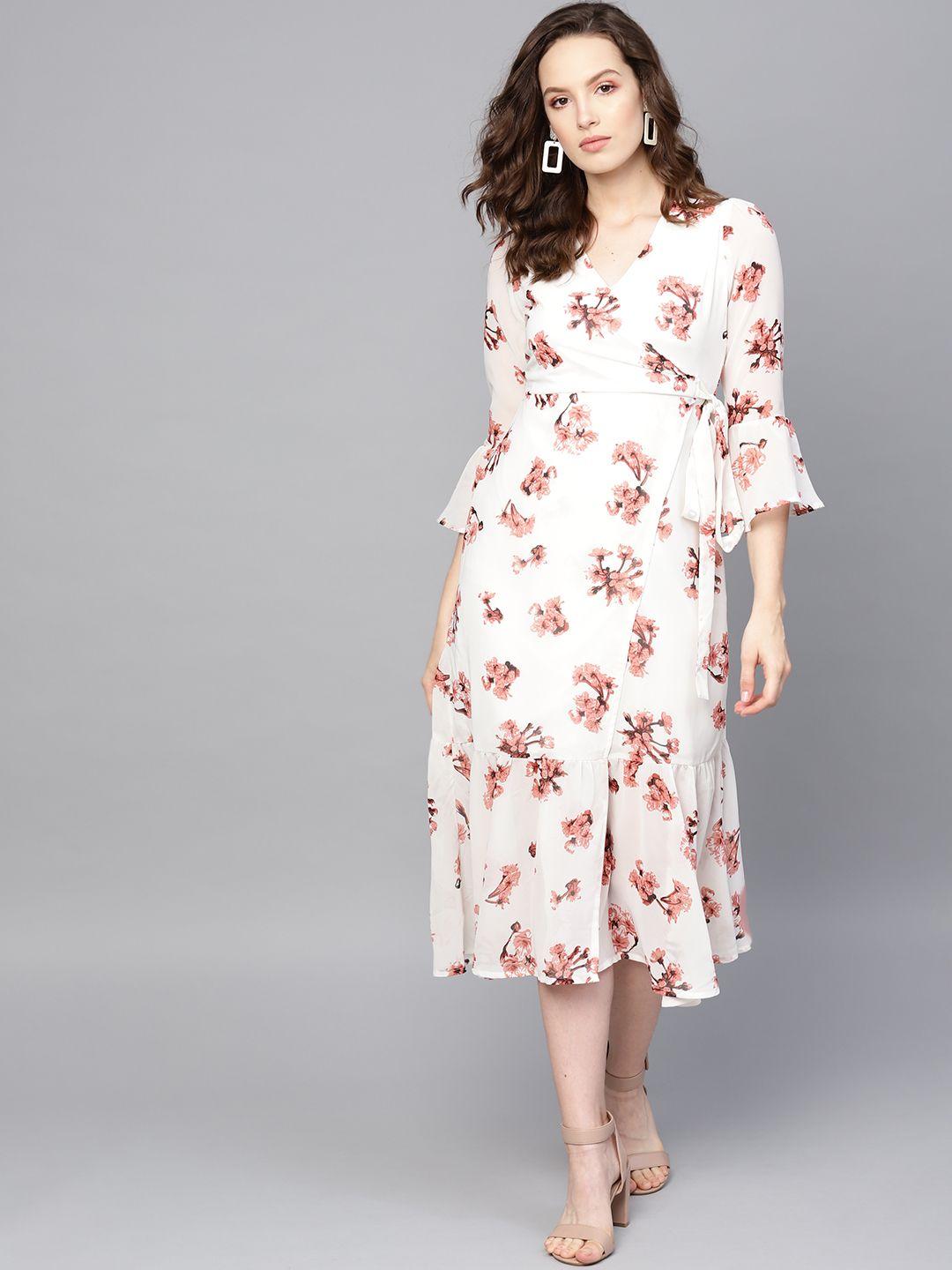 sassafras white & pink floral print wrap dress