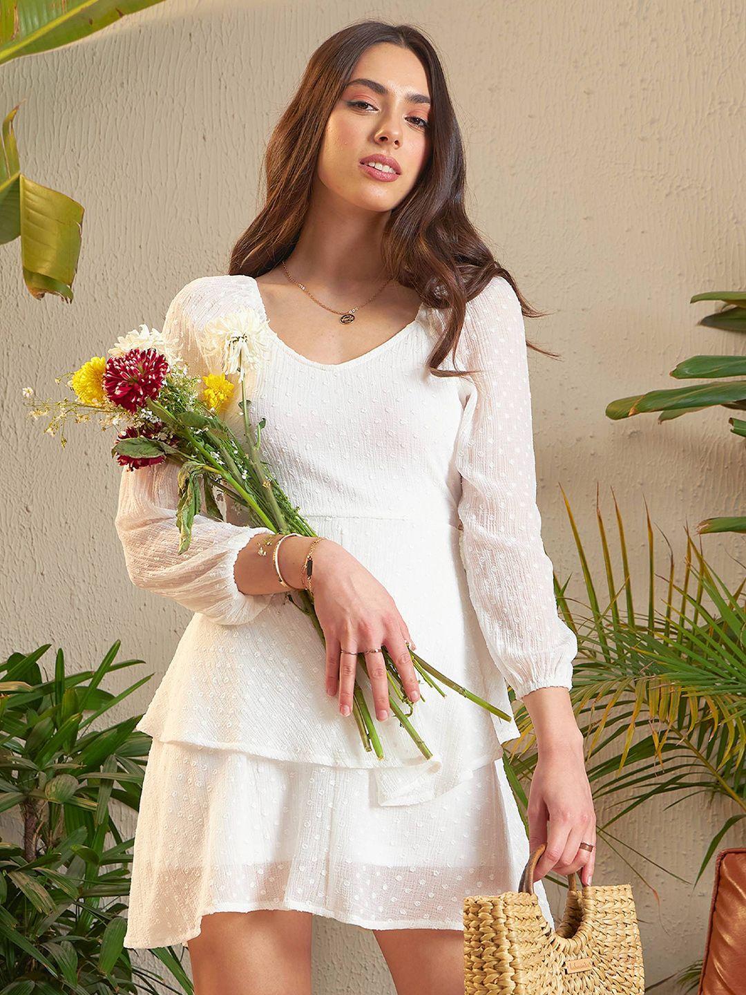 sassafras white self design extended sleeves georgette fit & flare dress