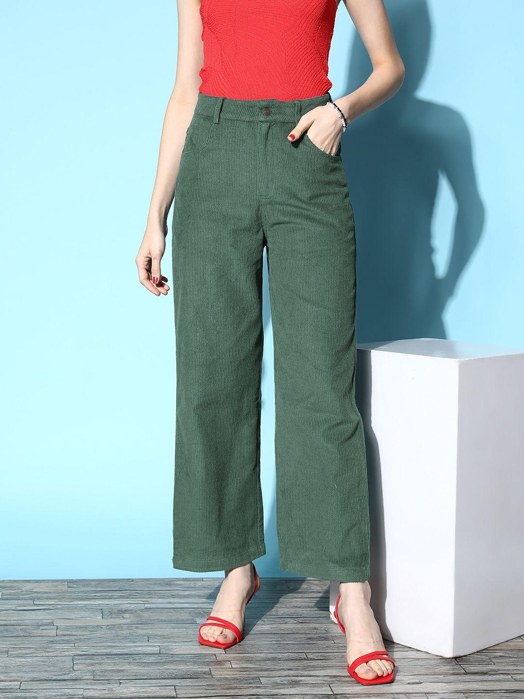 sassafras women  green solid corduroy trousers