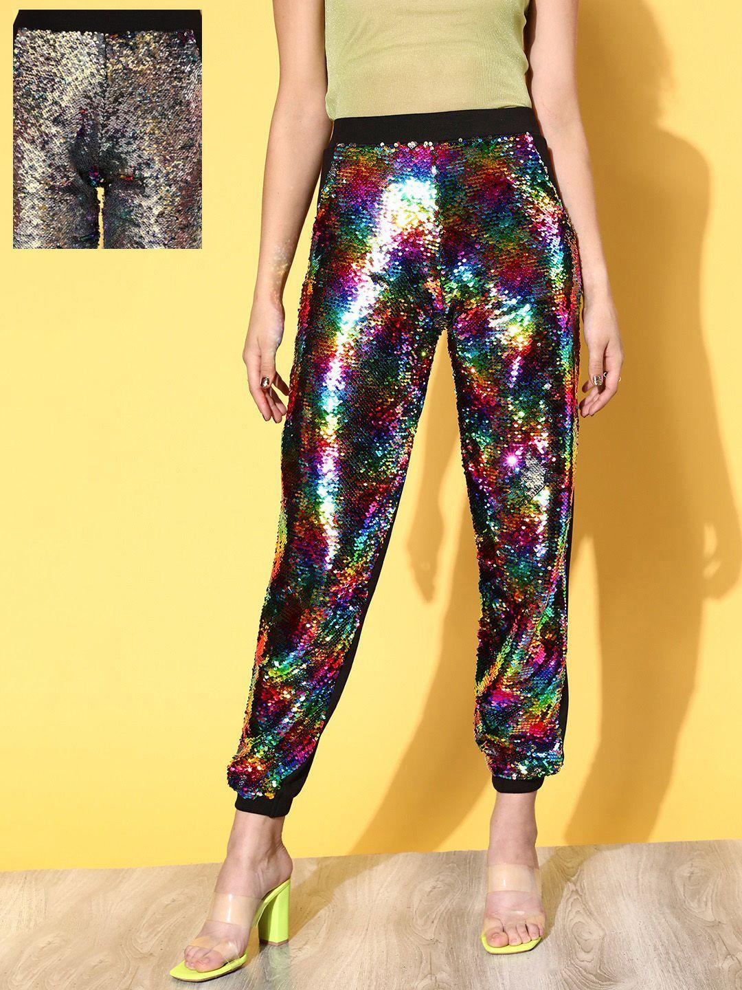 sassafras women  multi-coloured solid metallic sheen trousers