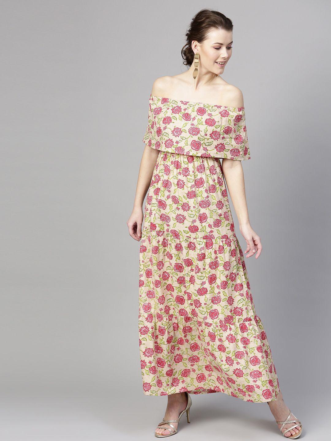 sassafras women beige & pink printed tiered maxi dress