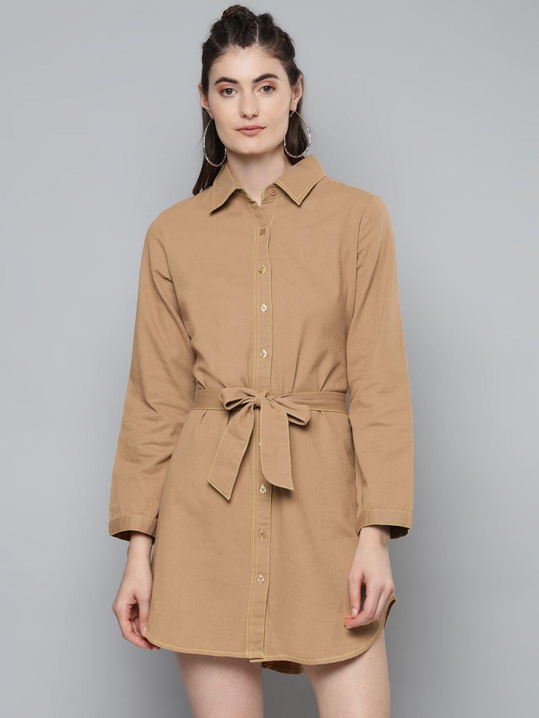 sassafras women beige solid cotton shirt dress with belt