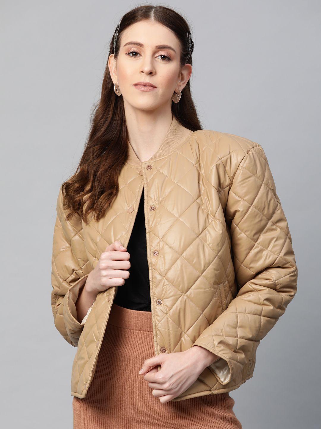 sassafras women beige solid quilted jacket