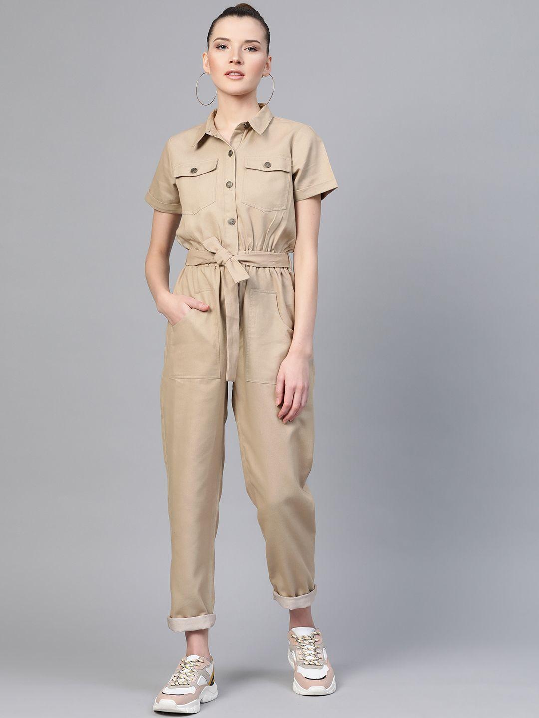 sassafras women beige solid twill tapered basic jumpsuit