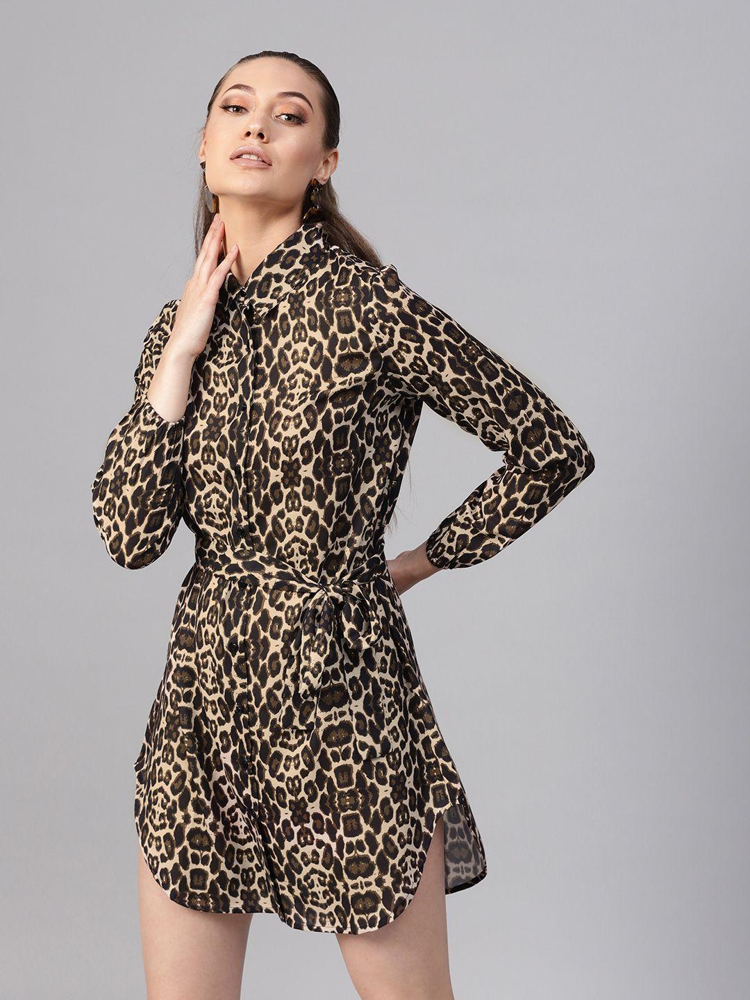 sassafras women black & beige animal print mini shirt dress