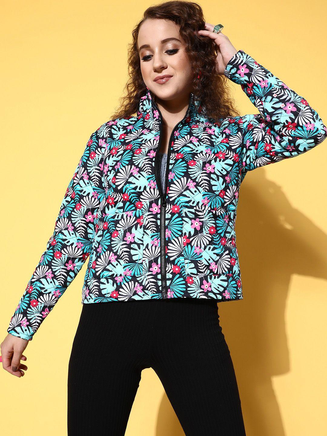 sassafras women black & blue floral printed quilted jacket