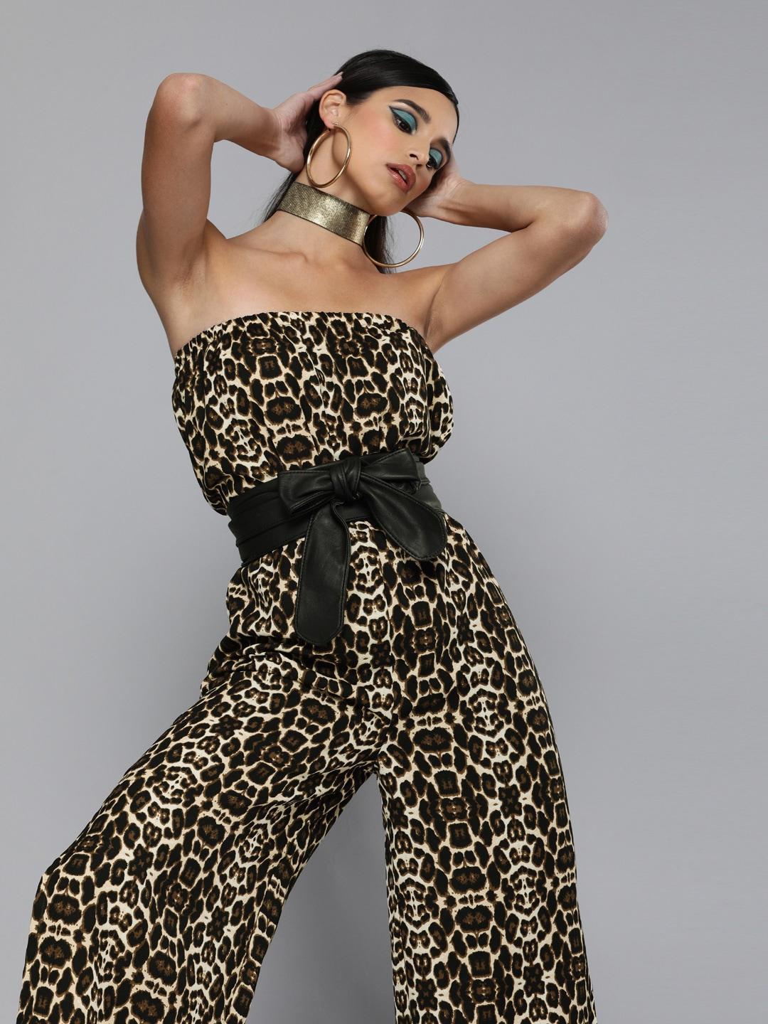 sassafras women black & brown cheetah print tube jumpsuit
