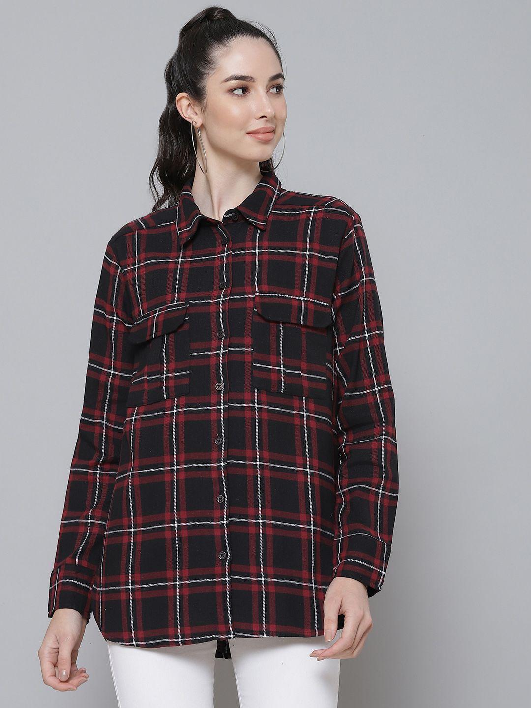 sassafras women black & maroon boyfriend cotton tartan checked casual shirt