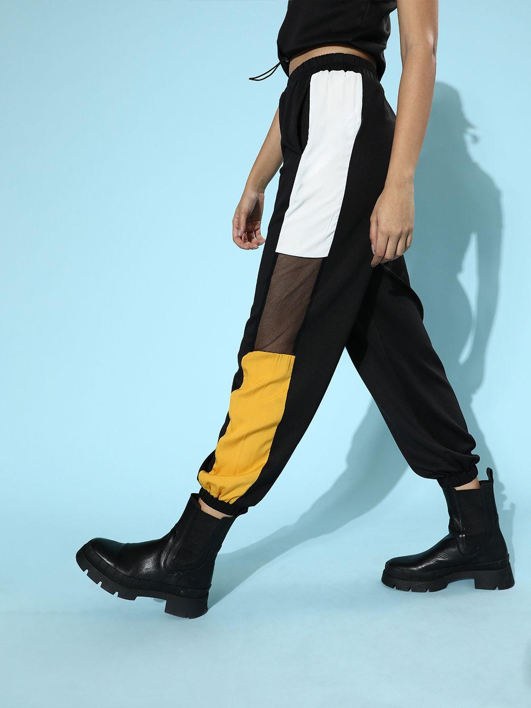 sassafras women black & mustard colourblocked scuba joggers