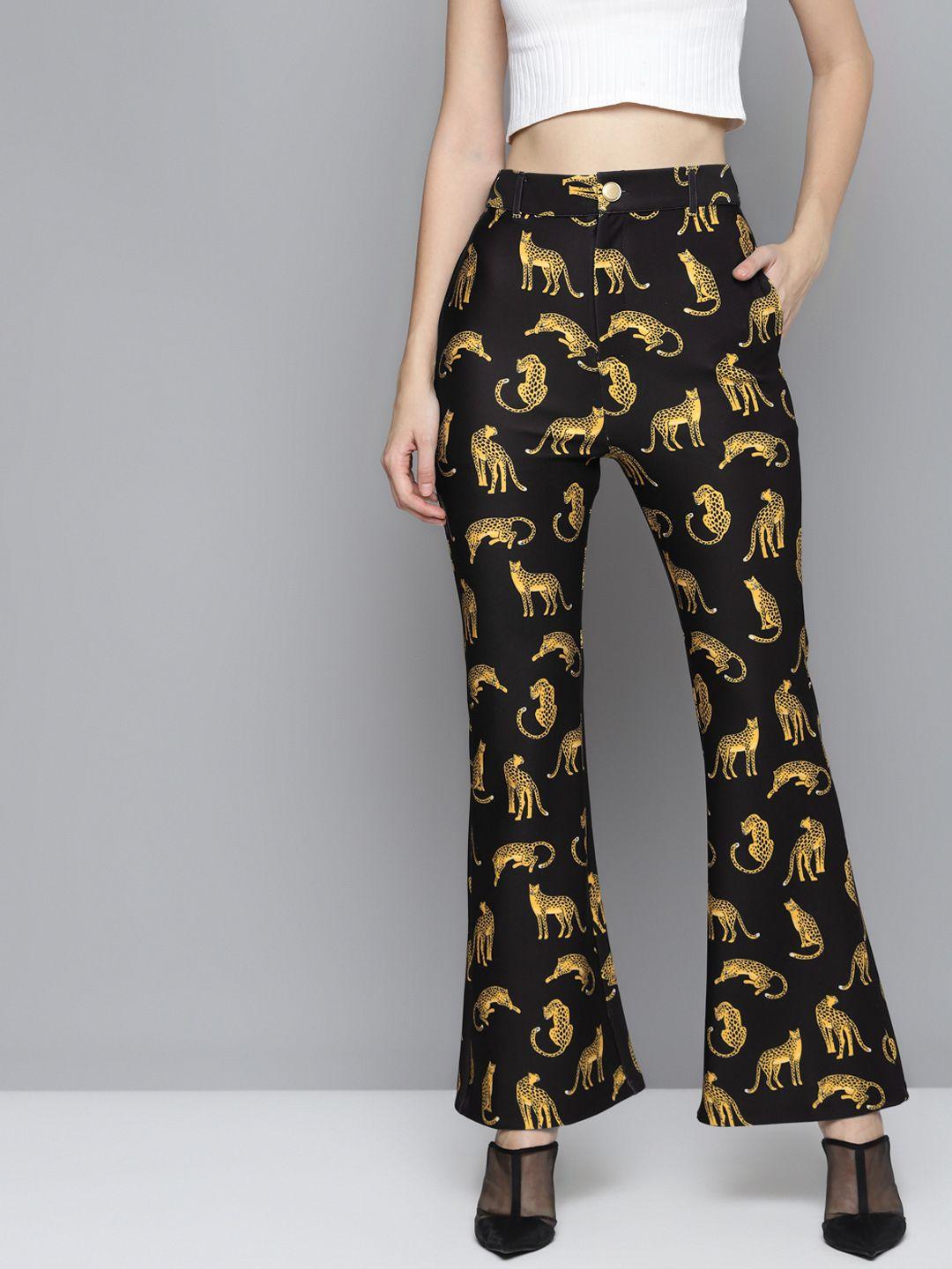 sassafras women black & mustard yellow cheetah printed slim fit scuba bell bottom pants