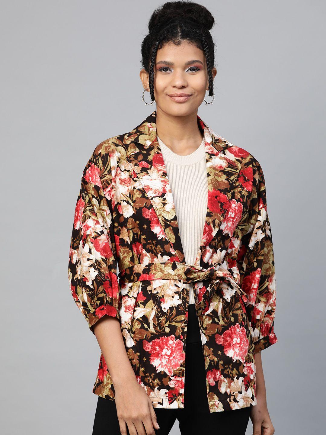 sassafras women black & red floral printed open front jacket