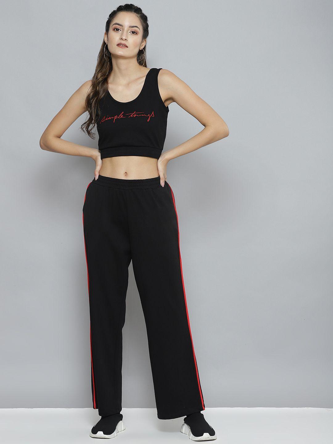 sassafras women black & red printed crop top & track pants co-ords