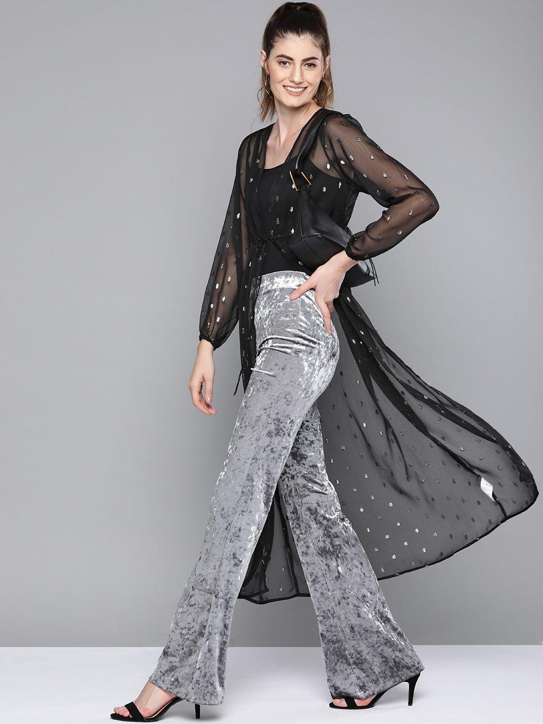 sassafras women black & silver self-design tie-up longline shrug