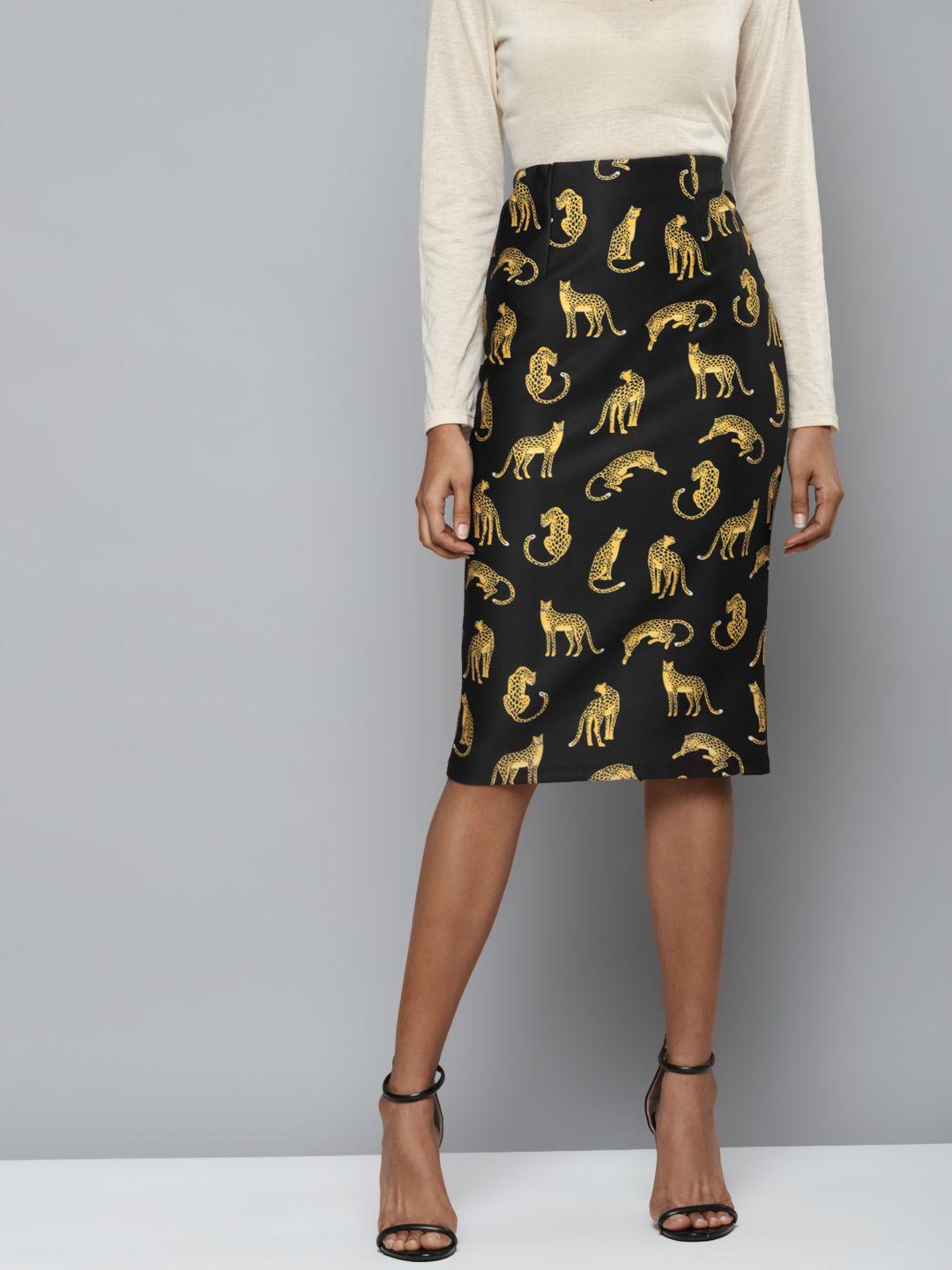 sassafras women black cheetah print scuba pencil skirt