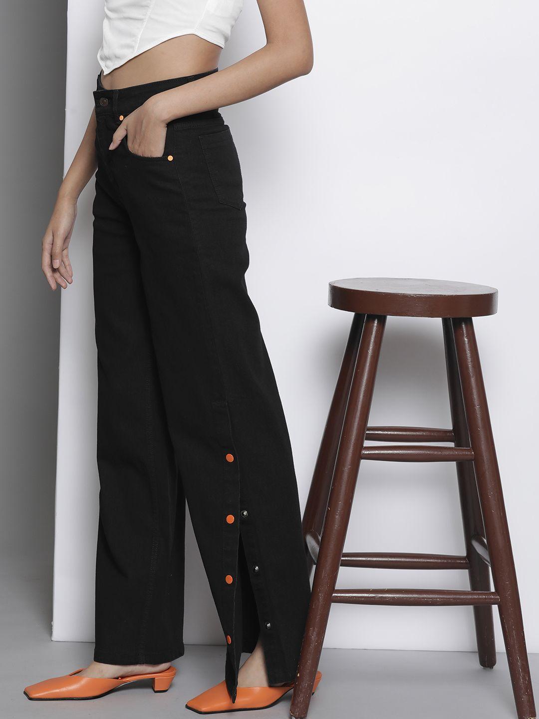 sassafras women black comfort straight fit high-rise side slit stretchable jeans