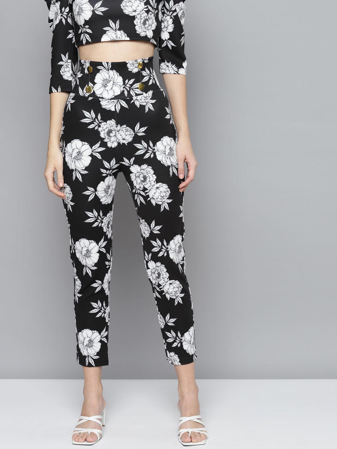 sassafras women black floral printed scuba front button high waist pants