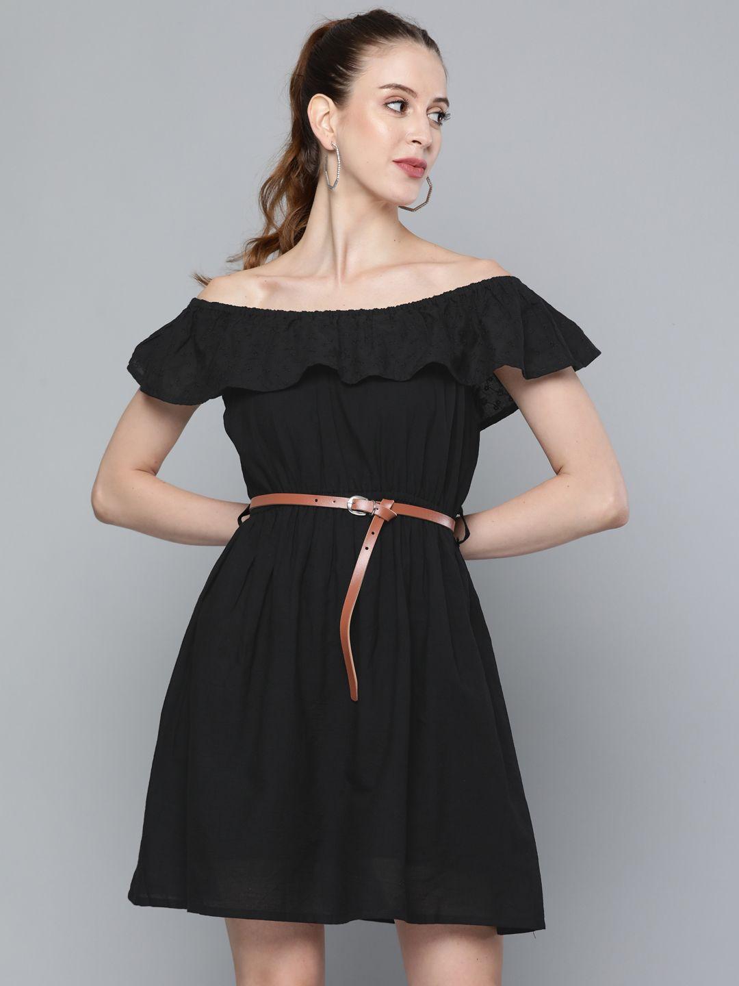 sassafras women black pure cotton off-shoulder a-line dress with belt