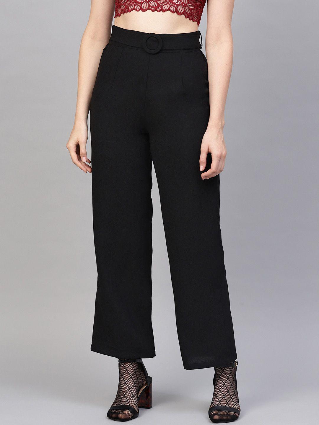 sassafras women black regular fit solid parallel trousers