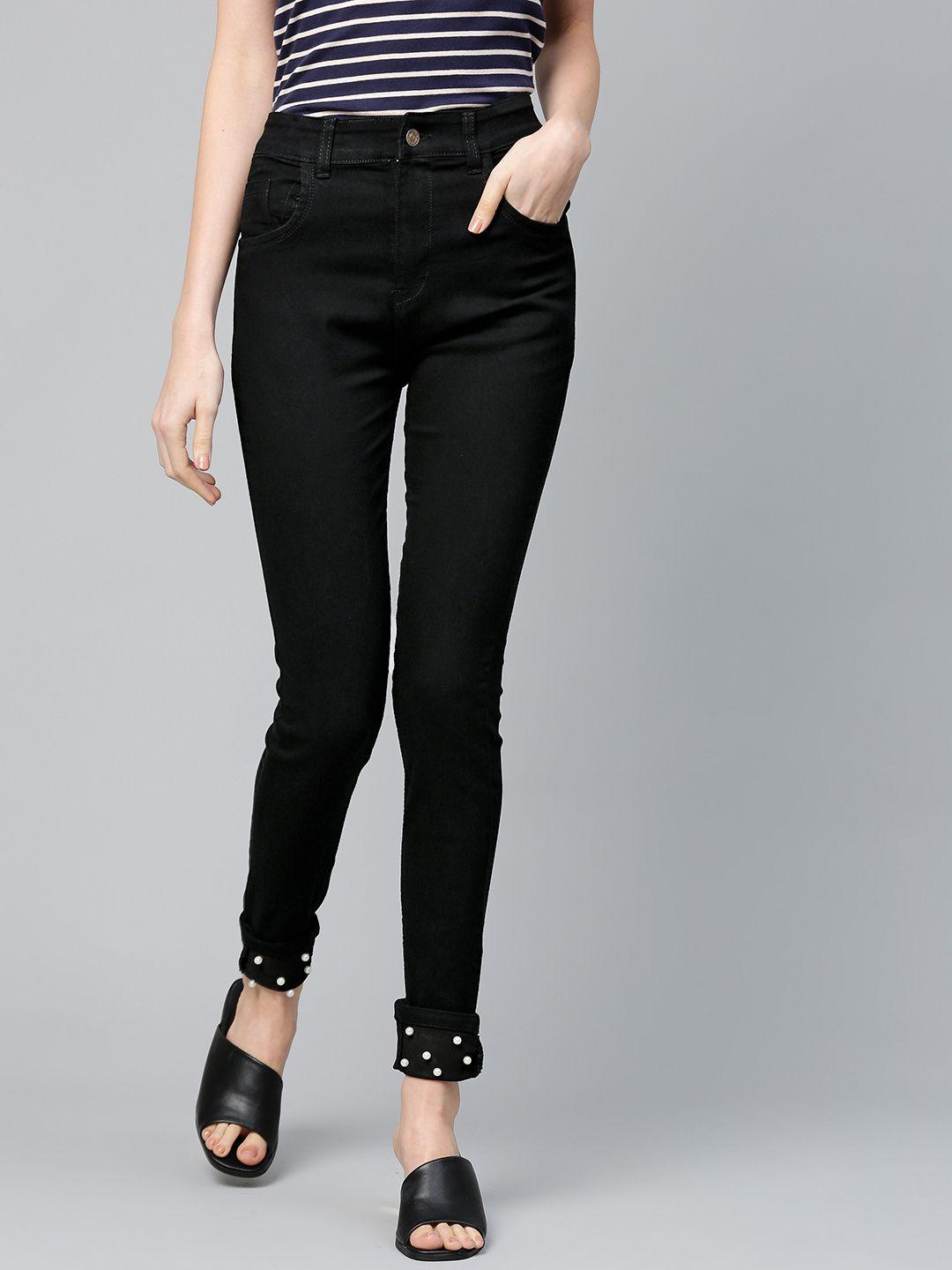 sassafras women black slim fit mid-rise clean look stretchable jeans