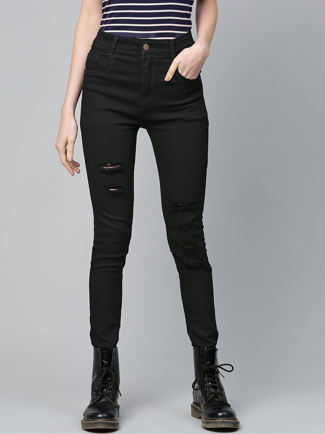 sassafras women black slim fit mid-rise mildly distressed stretchable jeans