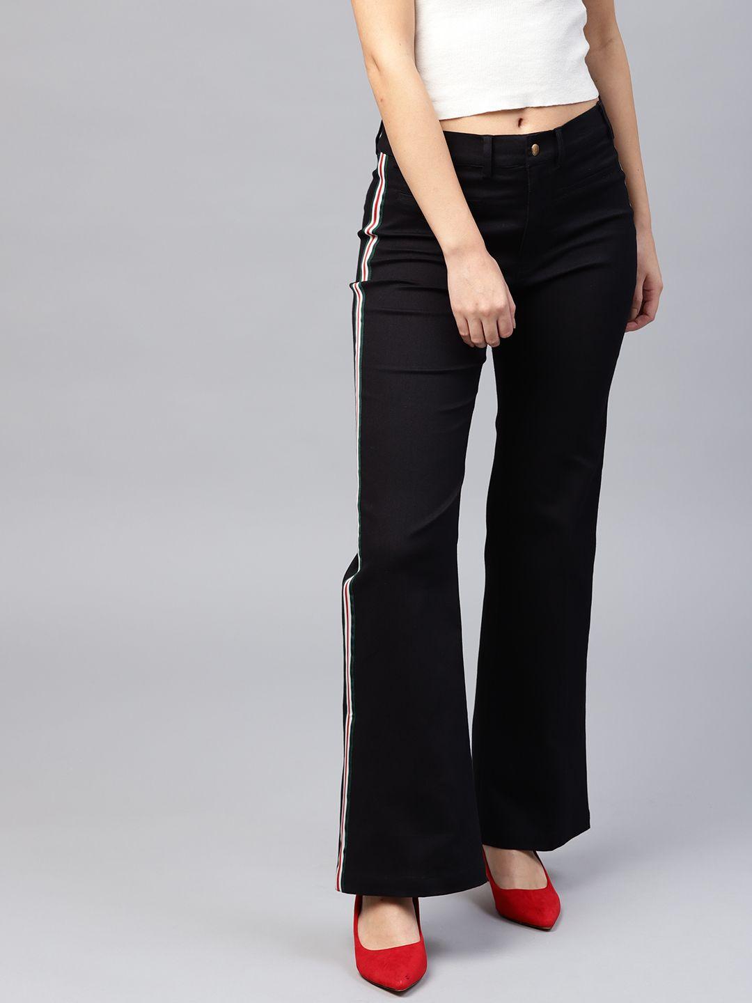 sassafras women black slim fit solid parallel trousers